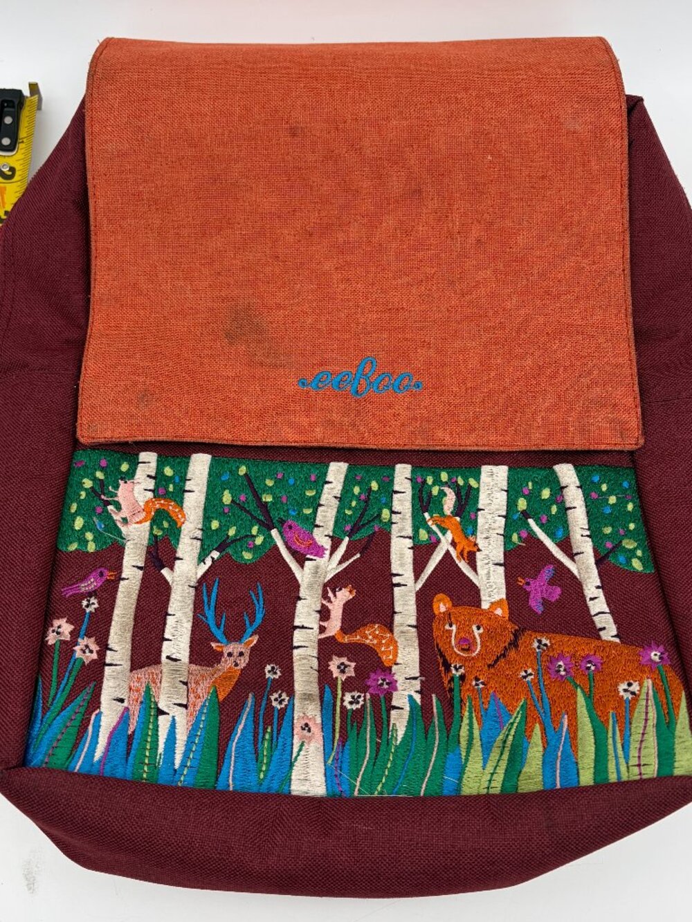 eeBoo "Bear in the Woods" Small Embroidered Backpack - Maroon & Orange Vintage